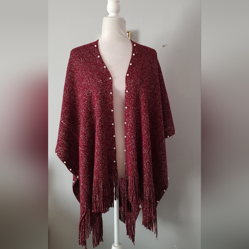 Cape Knit Poncho Open Front Color Burgundy With Pearls In Trim  Style Sweater